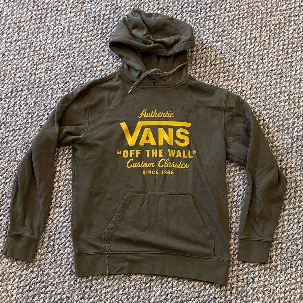 Vans Men's Dark Green Hoodie with Yellow Logo